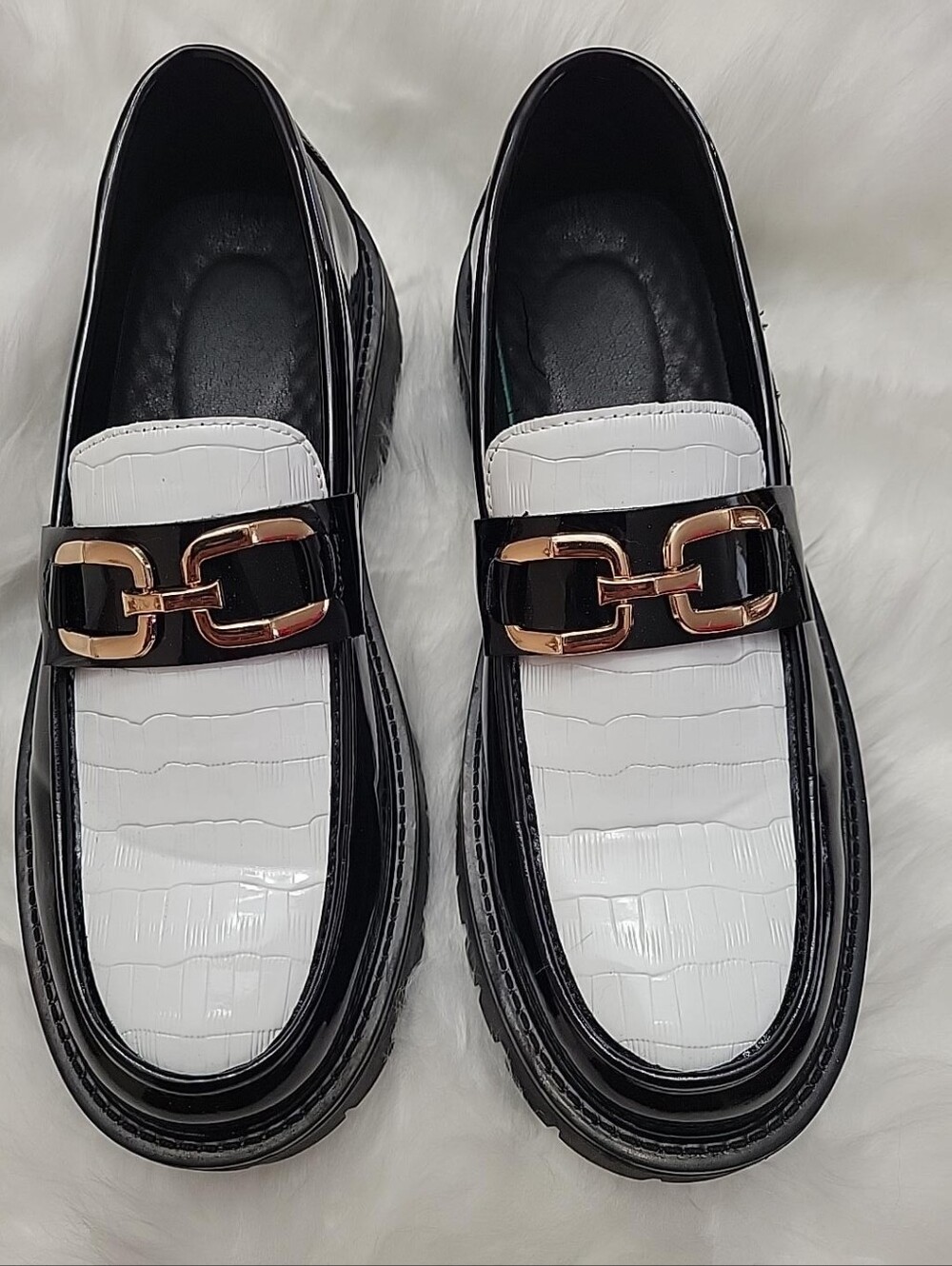 Men’s EU 44 Black White Patent Platform Horsebit Lug Loafers